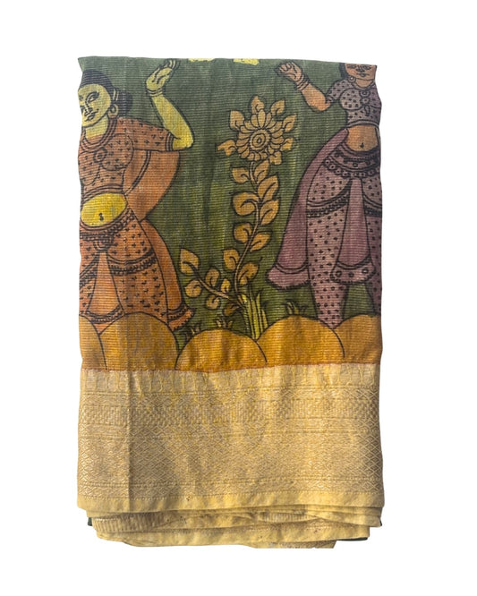 Olive green Tissue silk Kalamkari saree featuring hand-painted dancing figures and a gold zari border.