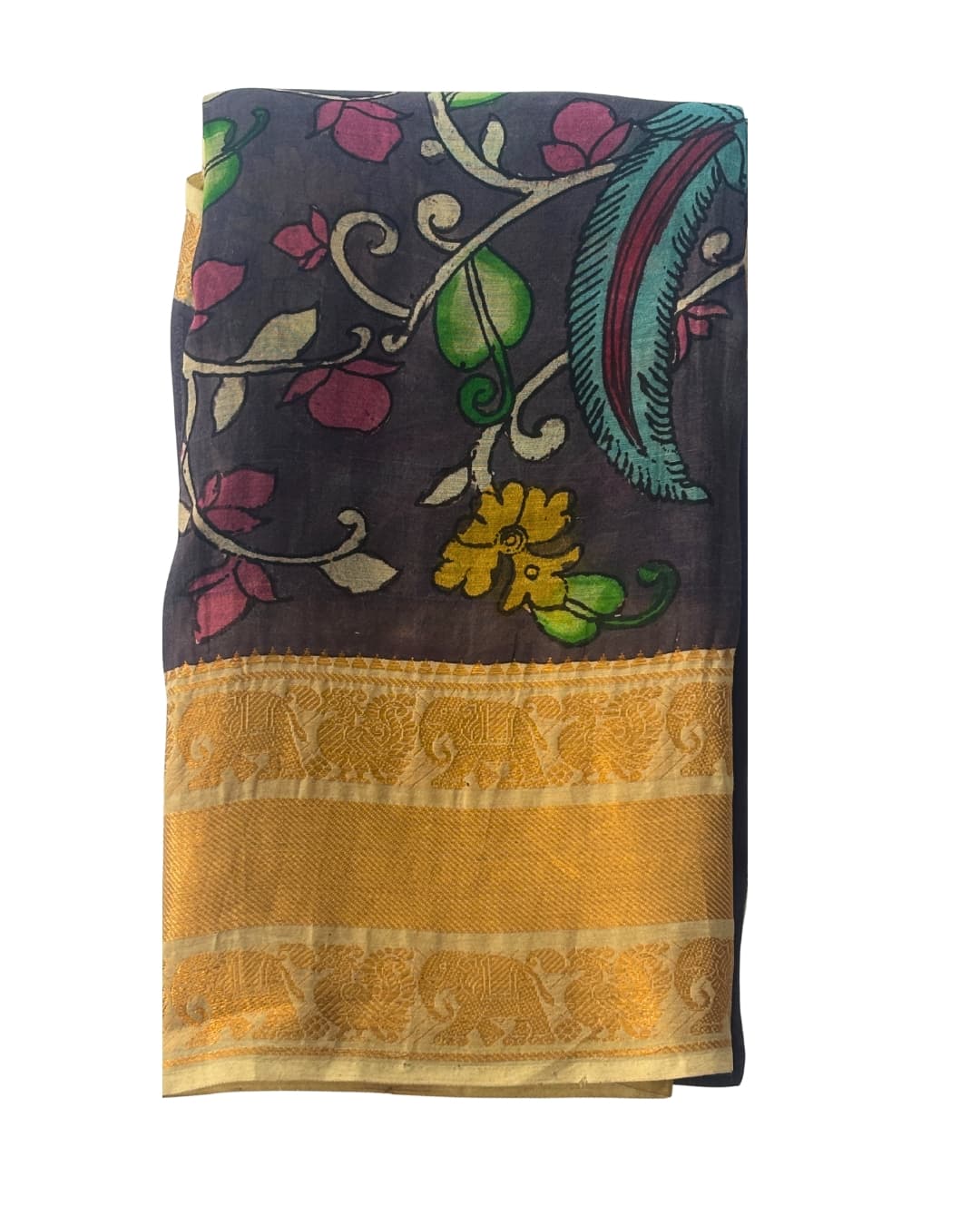 Black Hand-painted floral Kalamkari saree with traditional beige border