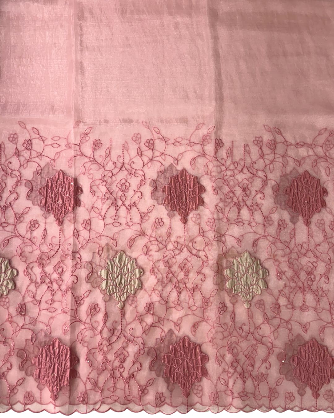 Rose Pink Tissue Organza Saree with Appliqué & Embroidered Detailing