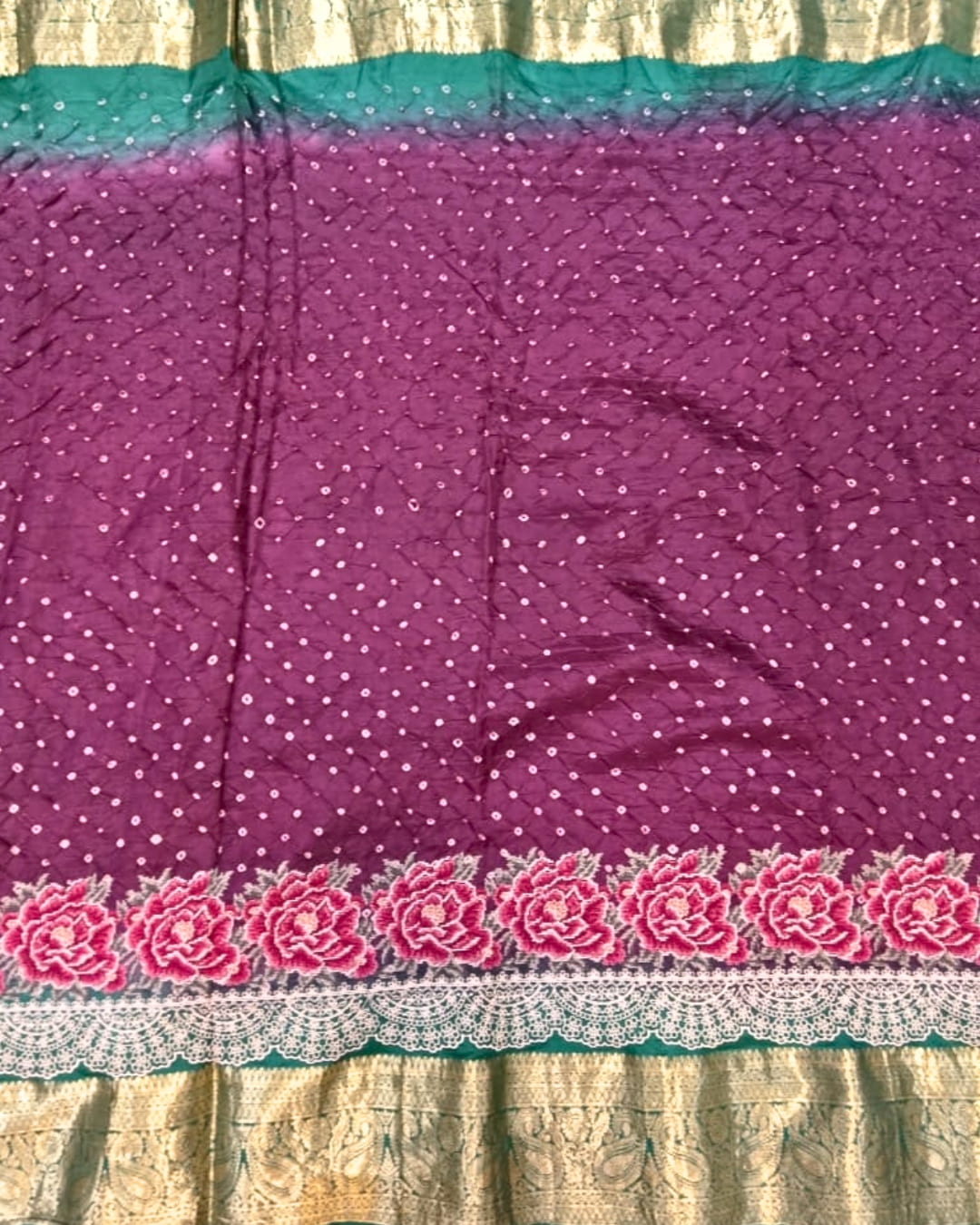 Pure Bandhani Silk Fusion Saree with Petite Embroidery & Kanchi Border