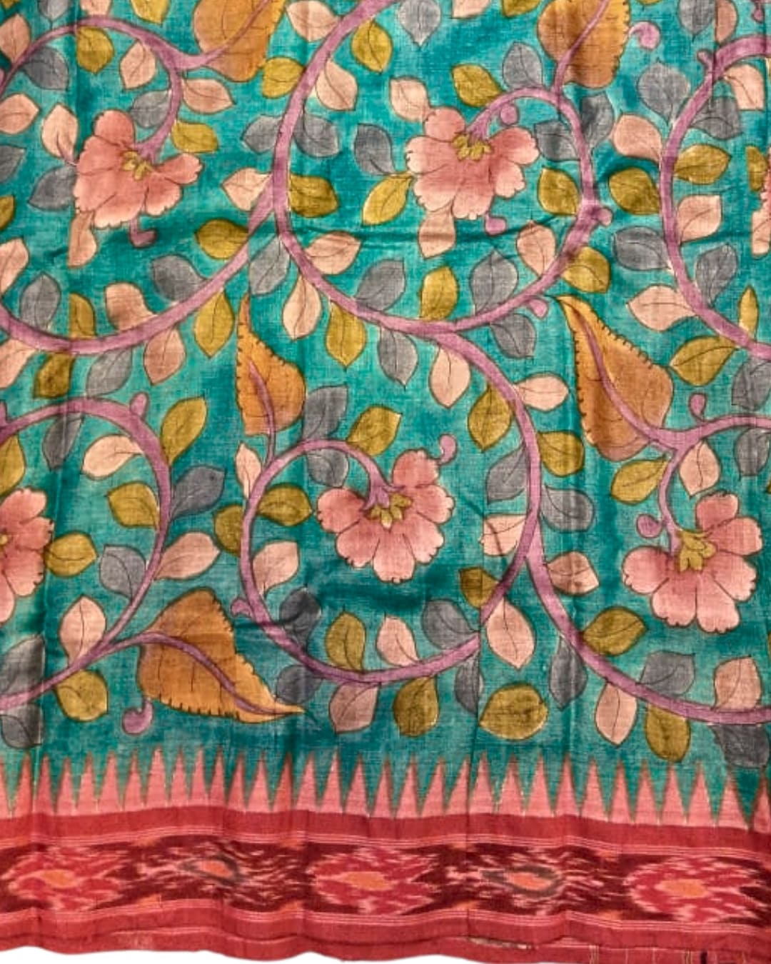 Hand-Painted Kalamkari Tussar Silk Saree with Pochampally Border