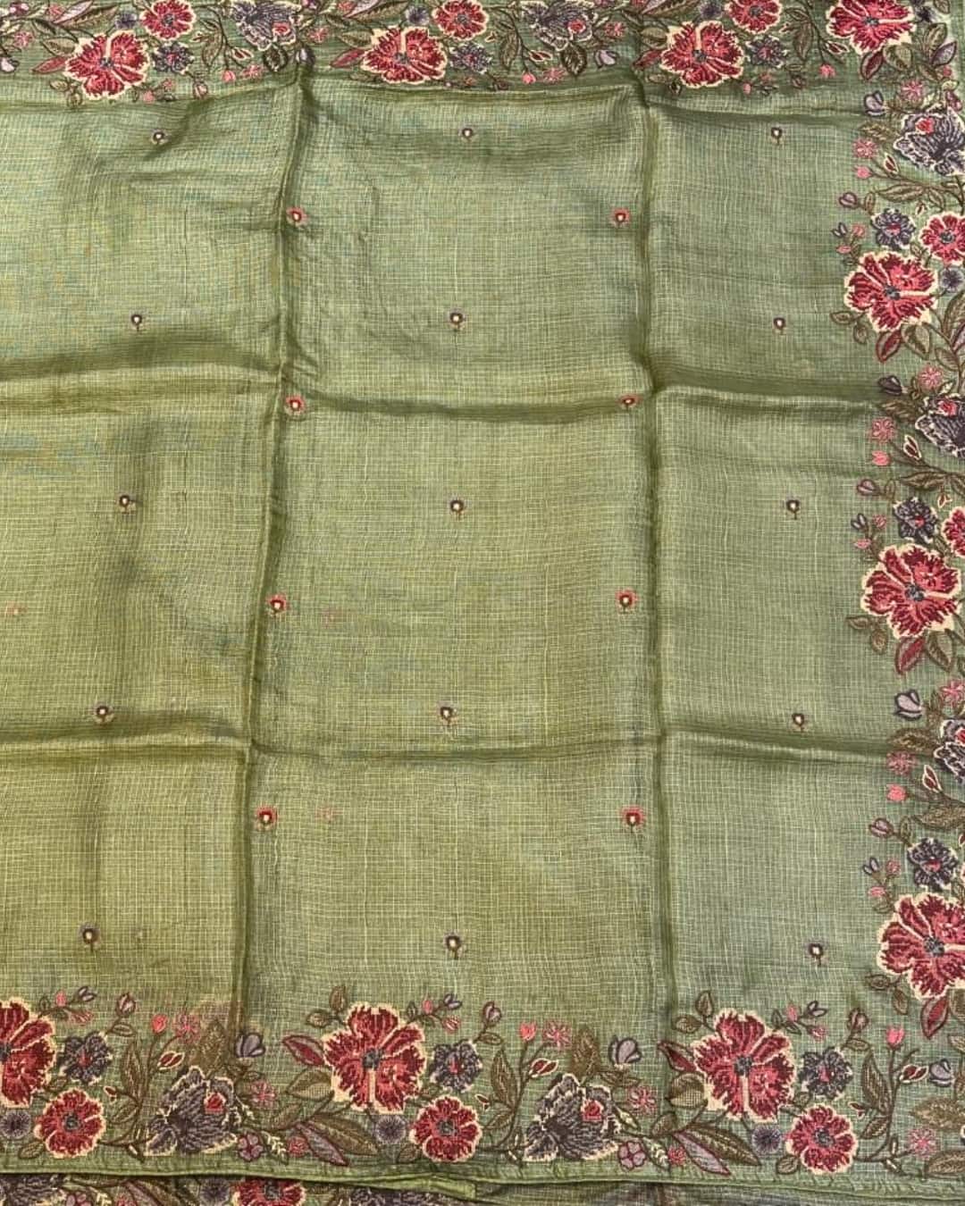 Sage Green Kota Saree with Petit Point Embroidery
