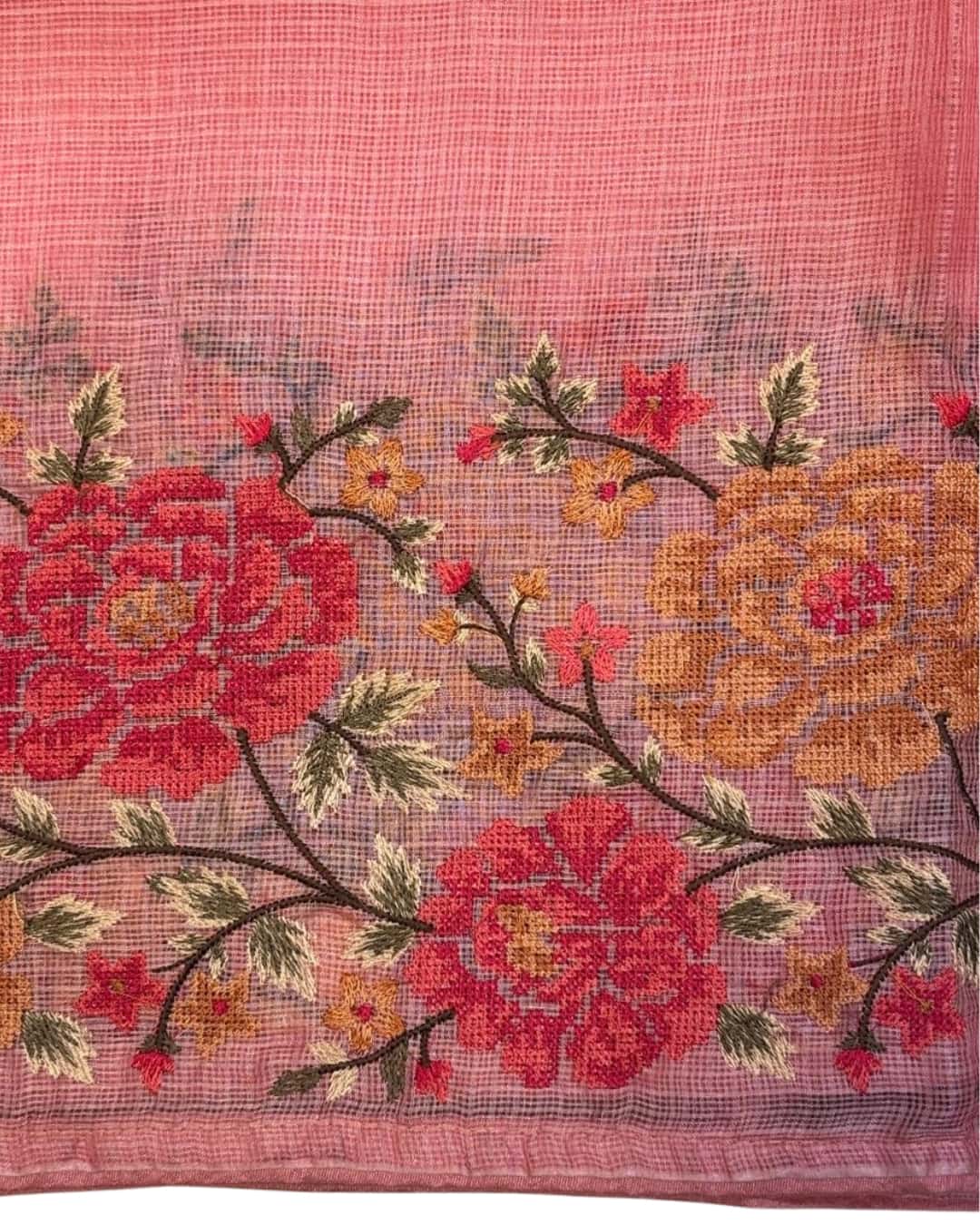 Blush Pink Kota Saree with Petit Point Embroidery
