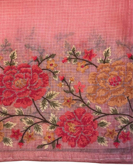 Blush Pink Kota Saree with Petit Point Embroidery