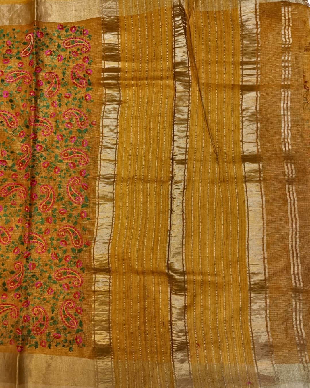 Mustard Yellow Manipuri Saree with Cross Stitch Embroidery