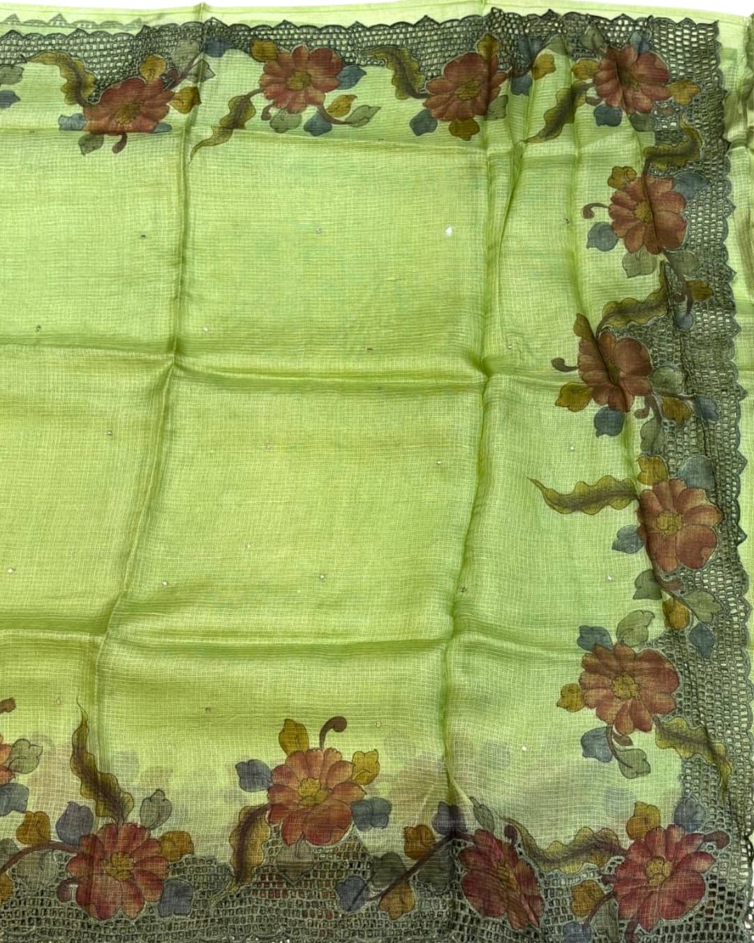 Pastel Green Kota Saree with Floral Hand Painting & Cutwork Border