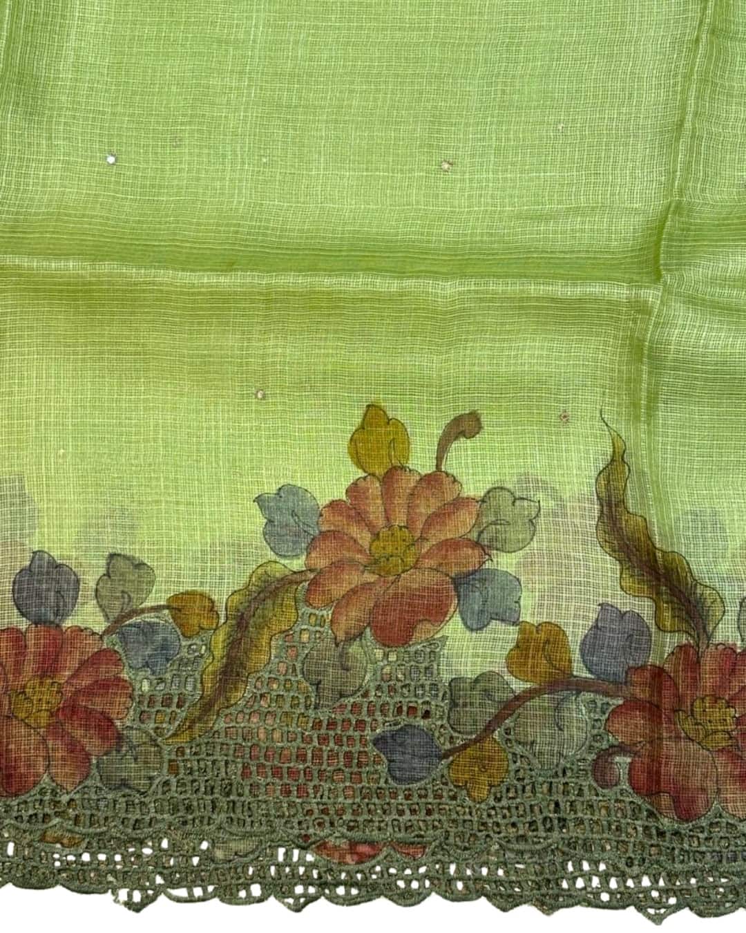 Pastel Green Kota Saree with Floral Hand Painting & Cutwork Border