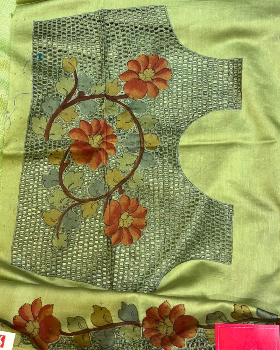 Pastel Green Kota Saree with Floral Hand Painting & Cutwork Border