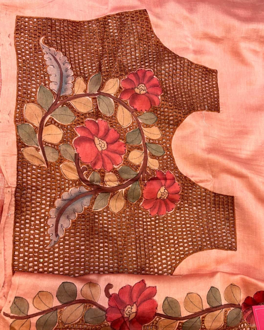 Coral Pink Kota Saree with Floral Hand Painting & Cutwork Border