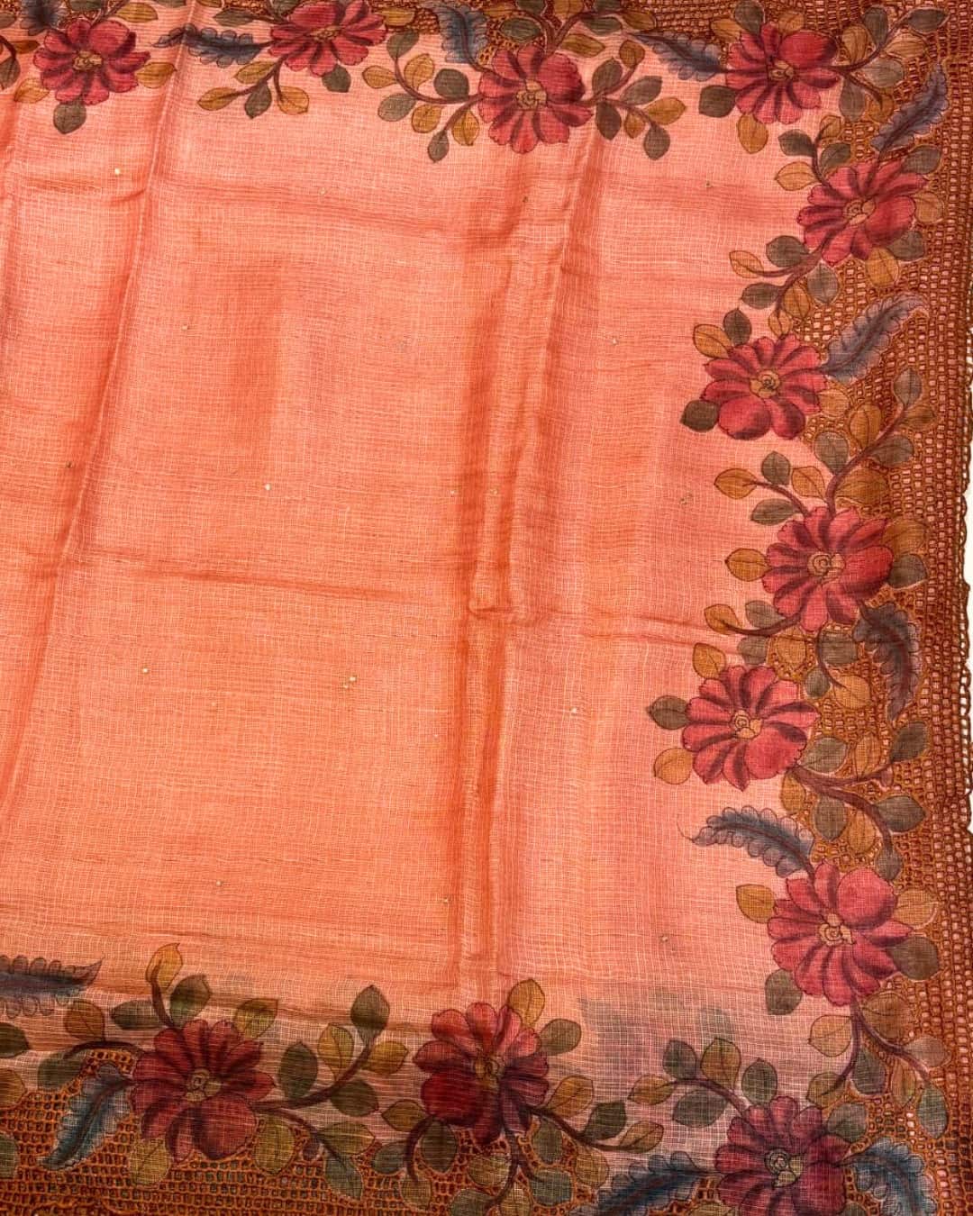 Coral Pink Kota Saree with Floral Hand Painting & Cutwork Border