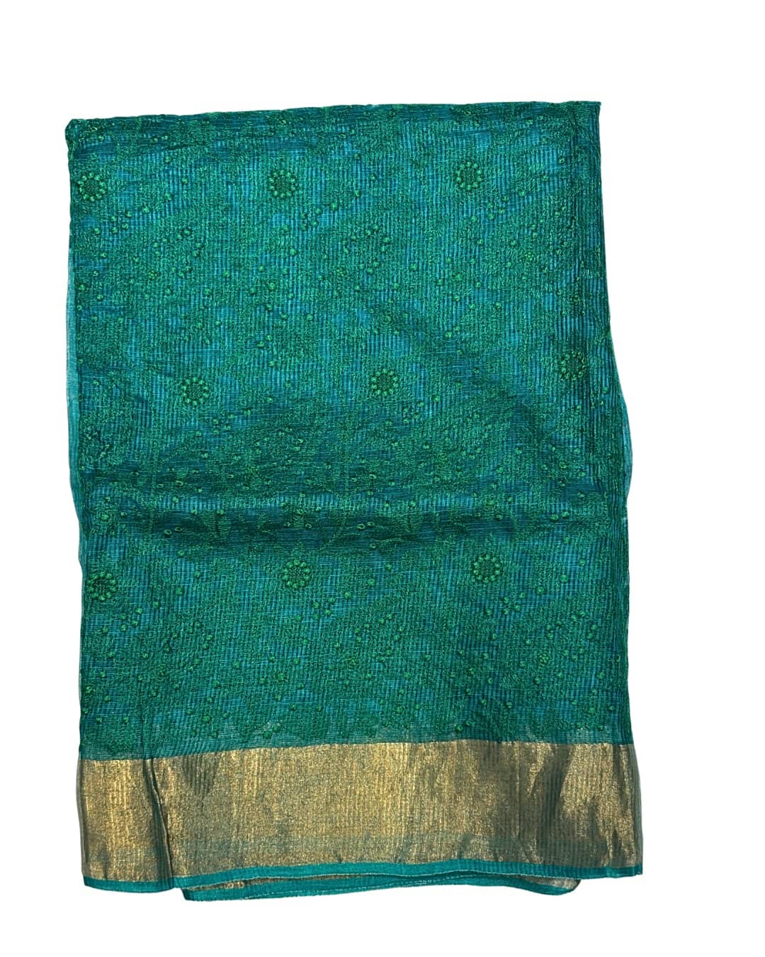 Teal Kota Saree with Chikankari Embroidery & Gold Tissue Border