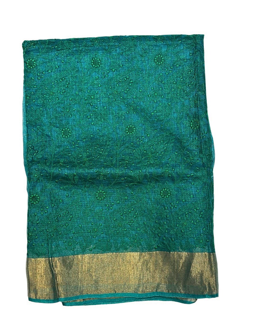 Teal Kota Saree with Chikankari Embroidery & Gold Tissue Border