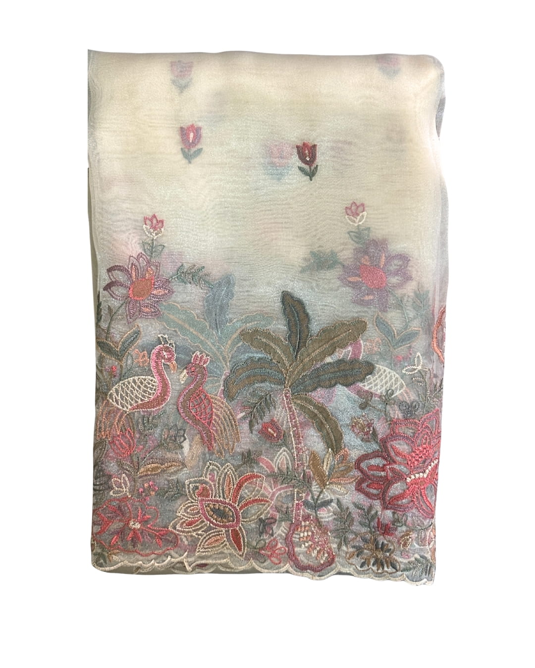 white tissue saree with floral embroidery work. 