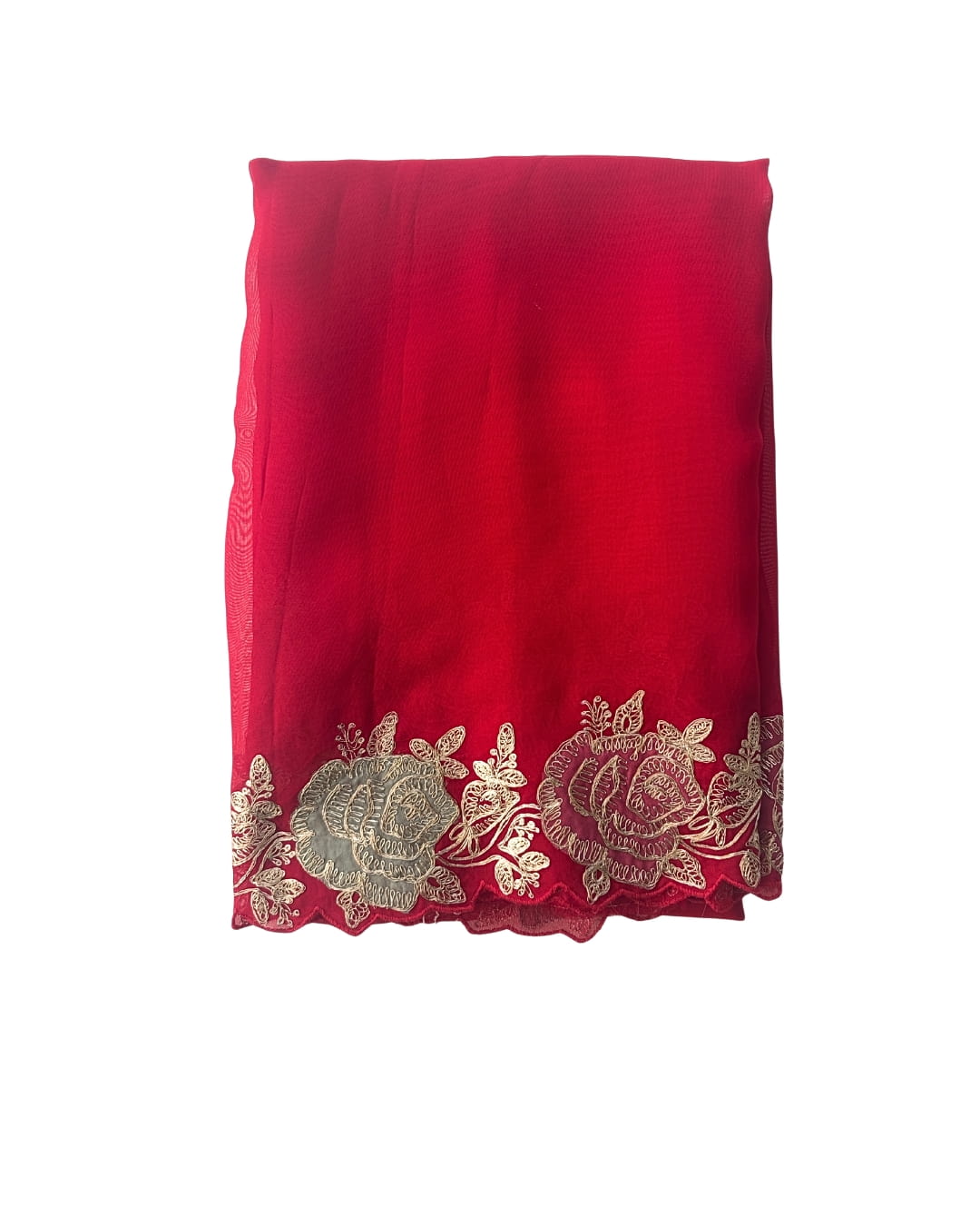 Red Georgette saree with scalloped embroidered floral border and delicate rose threadwork.