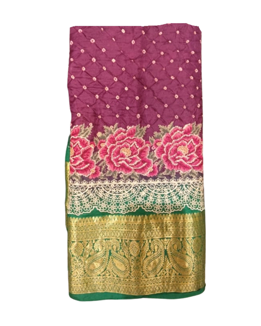 Pure Bandhani Silk Fusion Saree with Petite Embroidery & Kanchi Border