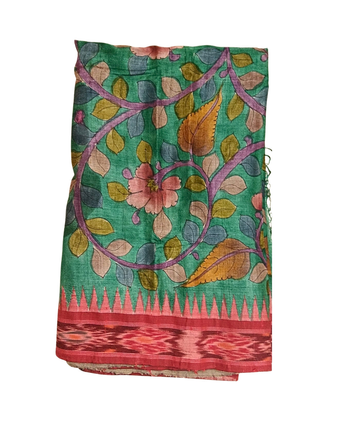 Hand-Painted Kalamkari Tussar Silk Saree with Pochampally Border