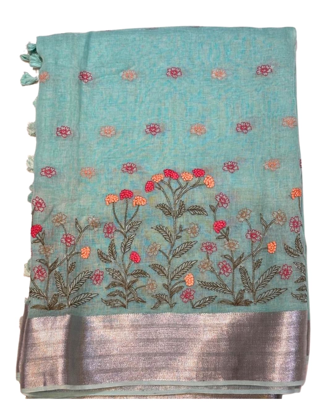 Linen Saree with Floral Embroidery and Silver Border