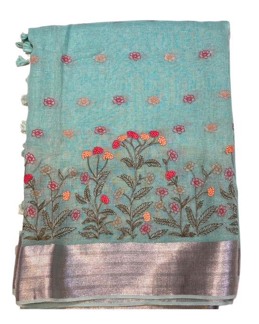 Linen Saree with Floral Embroidery and Silver Border