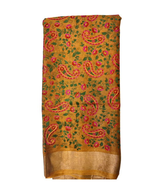 Mustard Yellow Manipuri Saree with Cross Stitch Embroidery