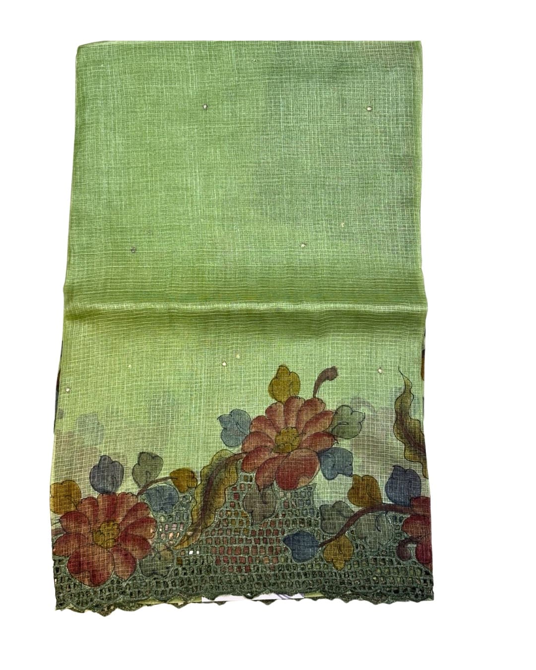 Pastel Green Kota Saree with Floral Hand Painting & Cutwork Border