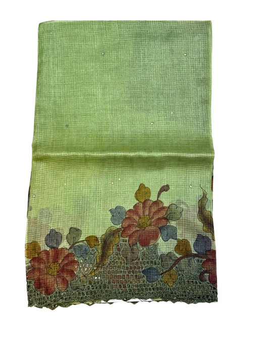 Pastel Green Kota Saree with Floral Hand Painting & Cutwork Border