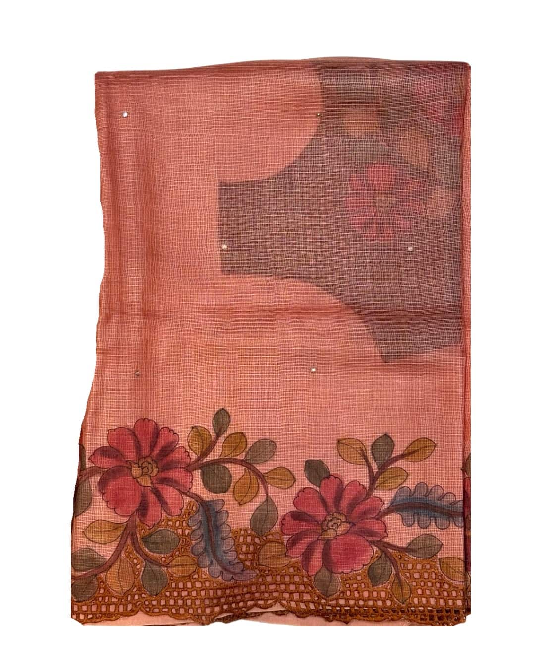 Coral Pink Kota Saree with Floral Hand Painting & Cutwork Border