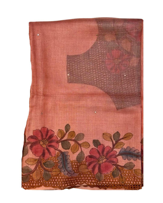 Coral Pink Kota Saree with Floral Hand Painting & Cutwork Border